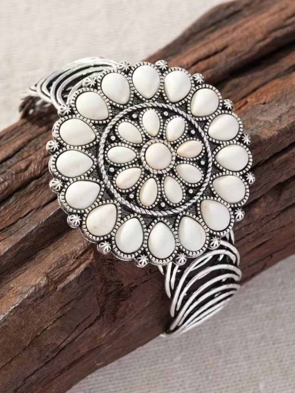 Desert Blossom Squash Cuff Bangle Boho Western Faux Ivory Turquoise Stretch Mesh